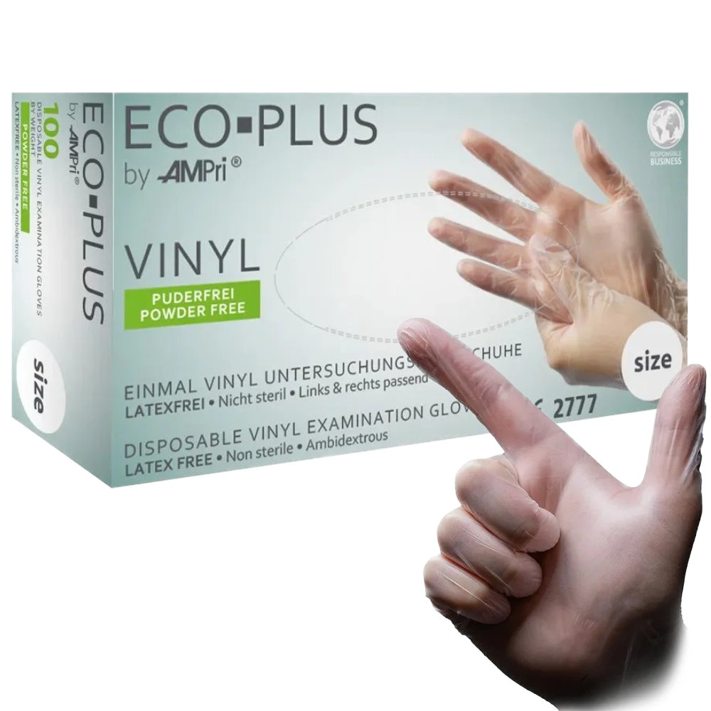 Eco-Plus Box of 100 Vinyl Disposable Gloves powder-free S-XL