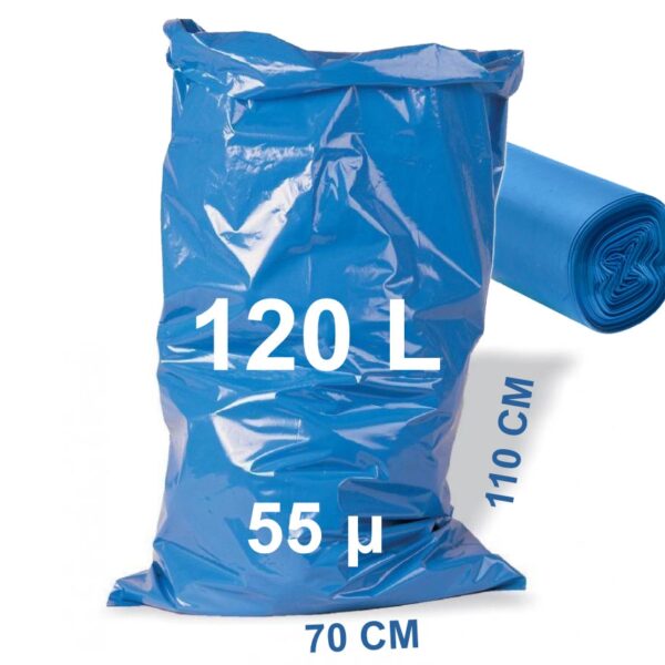 Blue LDPE rubbish bags lightweight 120L, 55μ, roll with 25 bin liners