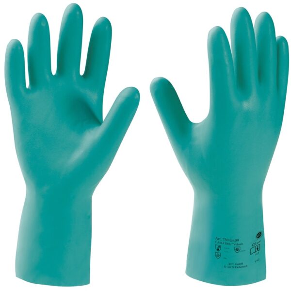 Camatril Velours 730 Nitrile chemical safety gloves green cat 3