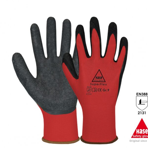 Hase Superflex Protective Assembly gloves, latex coating red 6-11