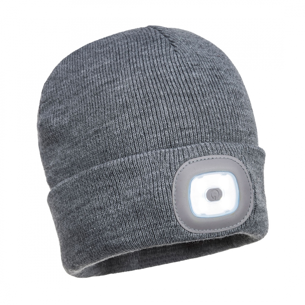Portwest B028 Beanie hat with USB rechargable LEDs two sides grey