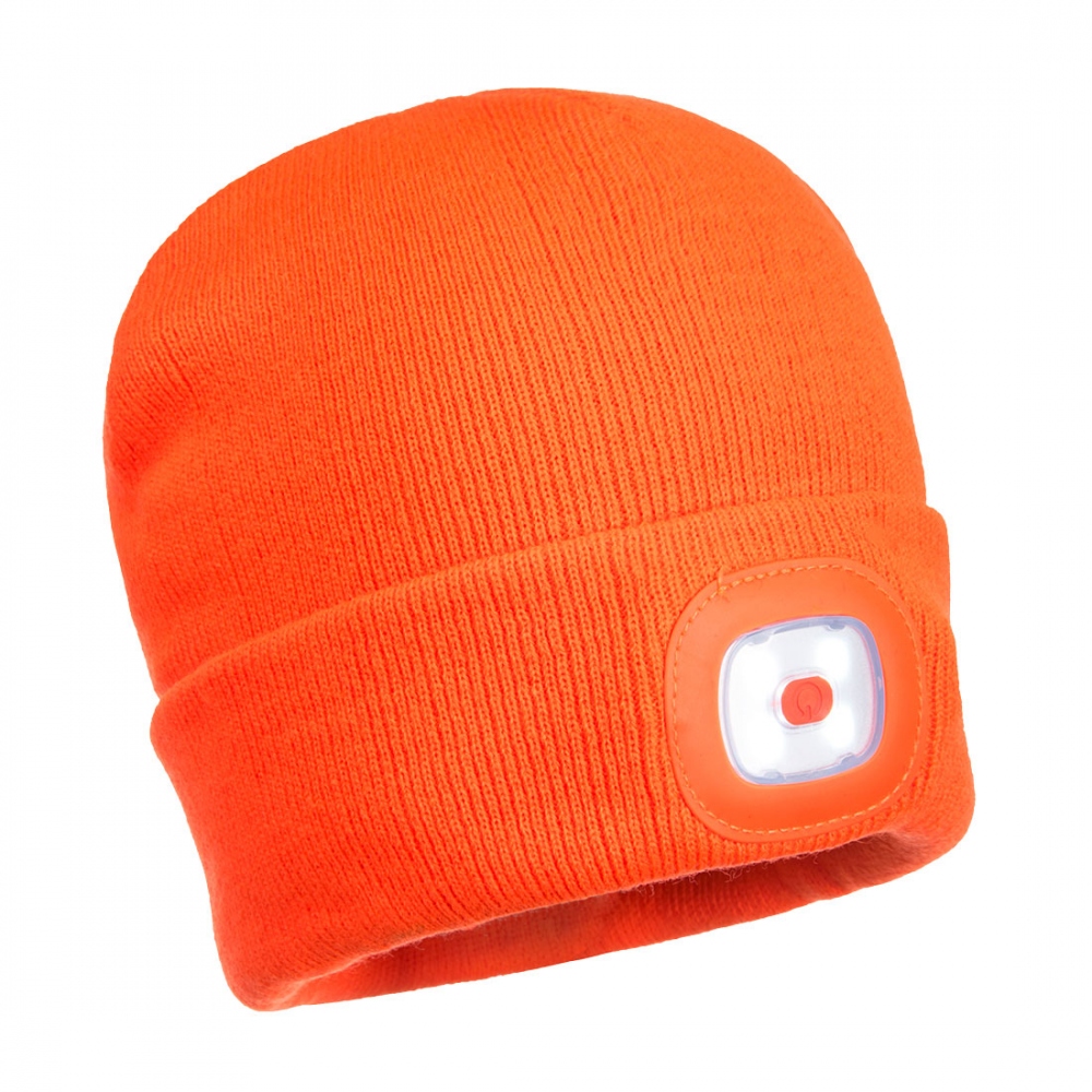 Portwest B028 Beanie hat with USB rechargable LEDs two sides orange