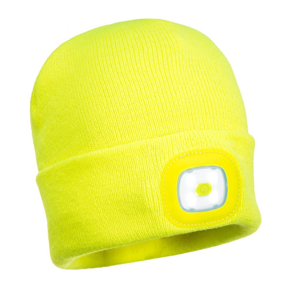 Portwest B029 Beanie hat with USB rechargable LEDs frontside yellow
