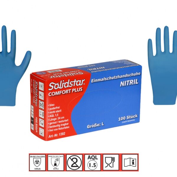 Solidstar 1392 Box of 100 nitrile protection gloves powder-free blue